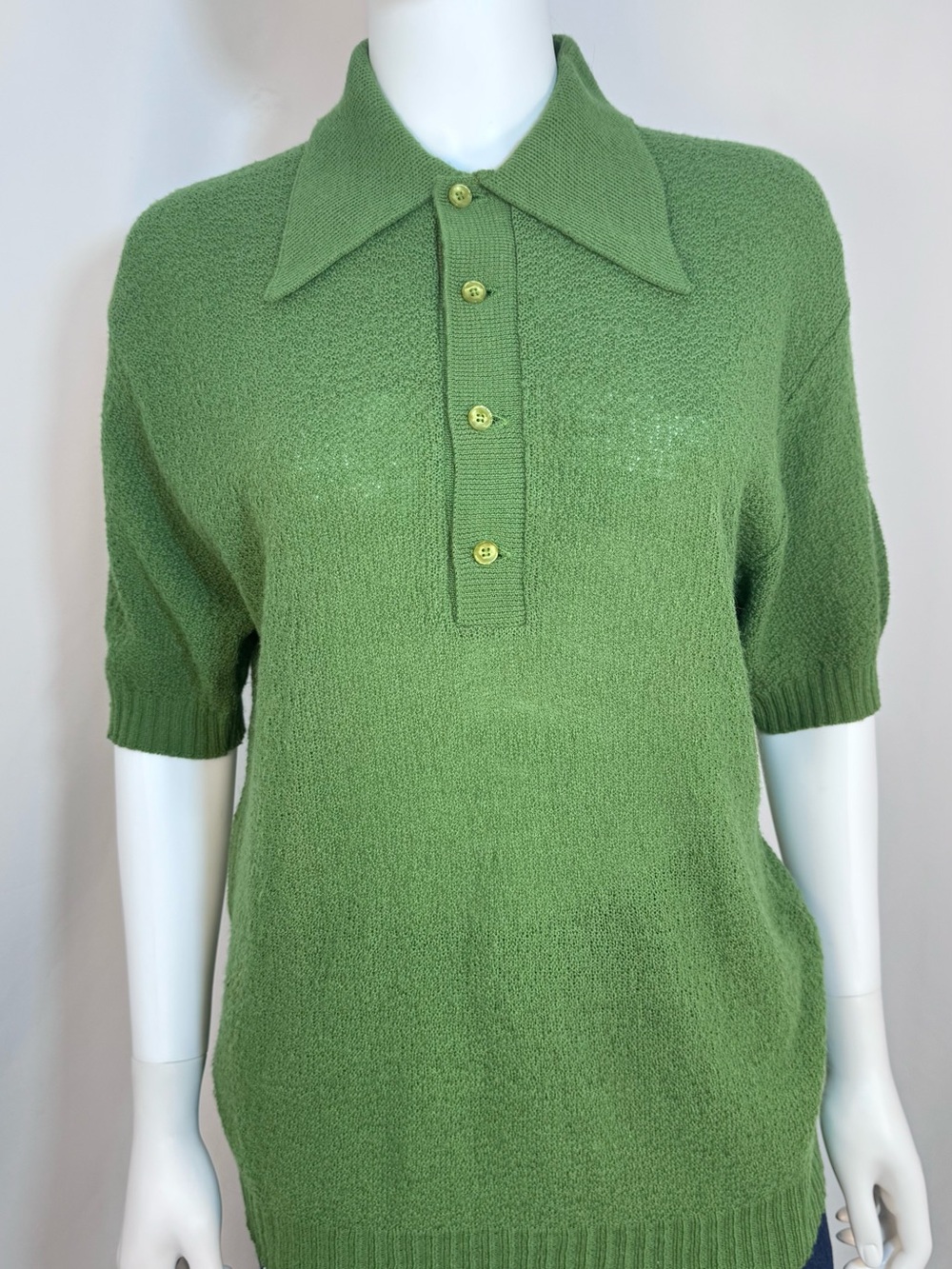 Vintage 1970s Campus Orlon Knit Polo Shirt Mod Dagger Collar Green M